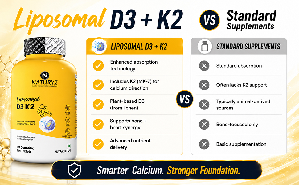 NATURYZ Liposomal Vitamin D3 K2 Supports Stronger Bones, Muscles, Immunity & Calcium Absorption | Advanced Liposomal Technology for Enhanced Nutrient Delivery | Plant based Lichen Vitamin D3 | Daily Wellness Supplement for Men & Women | 90 Veg Tablets
