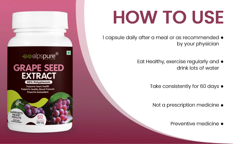 Alpspure Nutra Grape Seed Extract Tablets 500 mg | Supports Heart Health | Supports Healthy Blood Pressure | Powerful Antioxidant Supplement | 60 Tablets (Pack of-1)