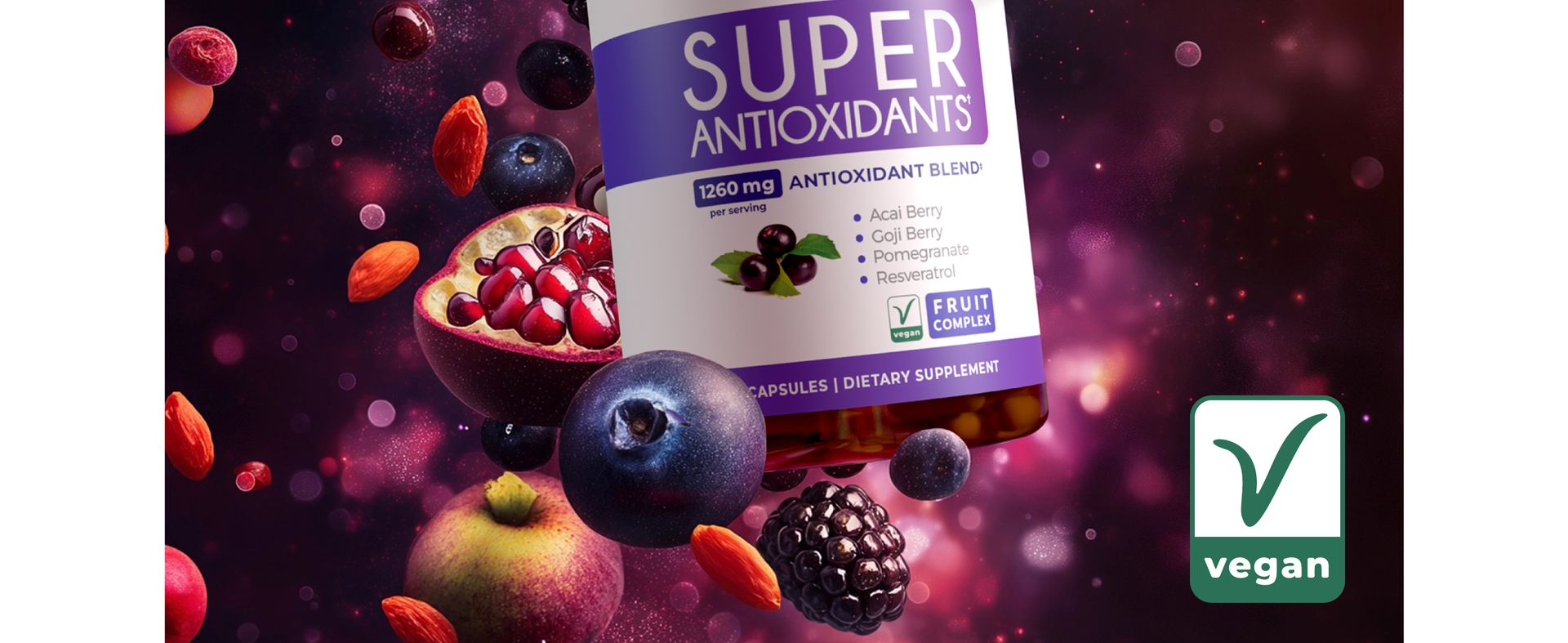 Super Antioxidants Supplement for Women & Men - High Potency Herbal & Fruit Blend with Acai, Goji, Pomegranate, Elderberry & Resveratrol for Skin Care & Immune Support - Vegan & Non-GMO - 60 Capsules