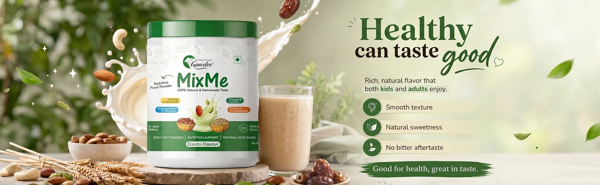 Gawdee MixMe Elaichi Nutrition Powder | 400g | Nuts, Grains, Seeds with Jaggery & Dates | No Refined Sugar | Health Drink Mix for Kids (2+), Adults & Seniors | Daily Family Nutrition Supplement