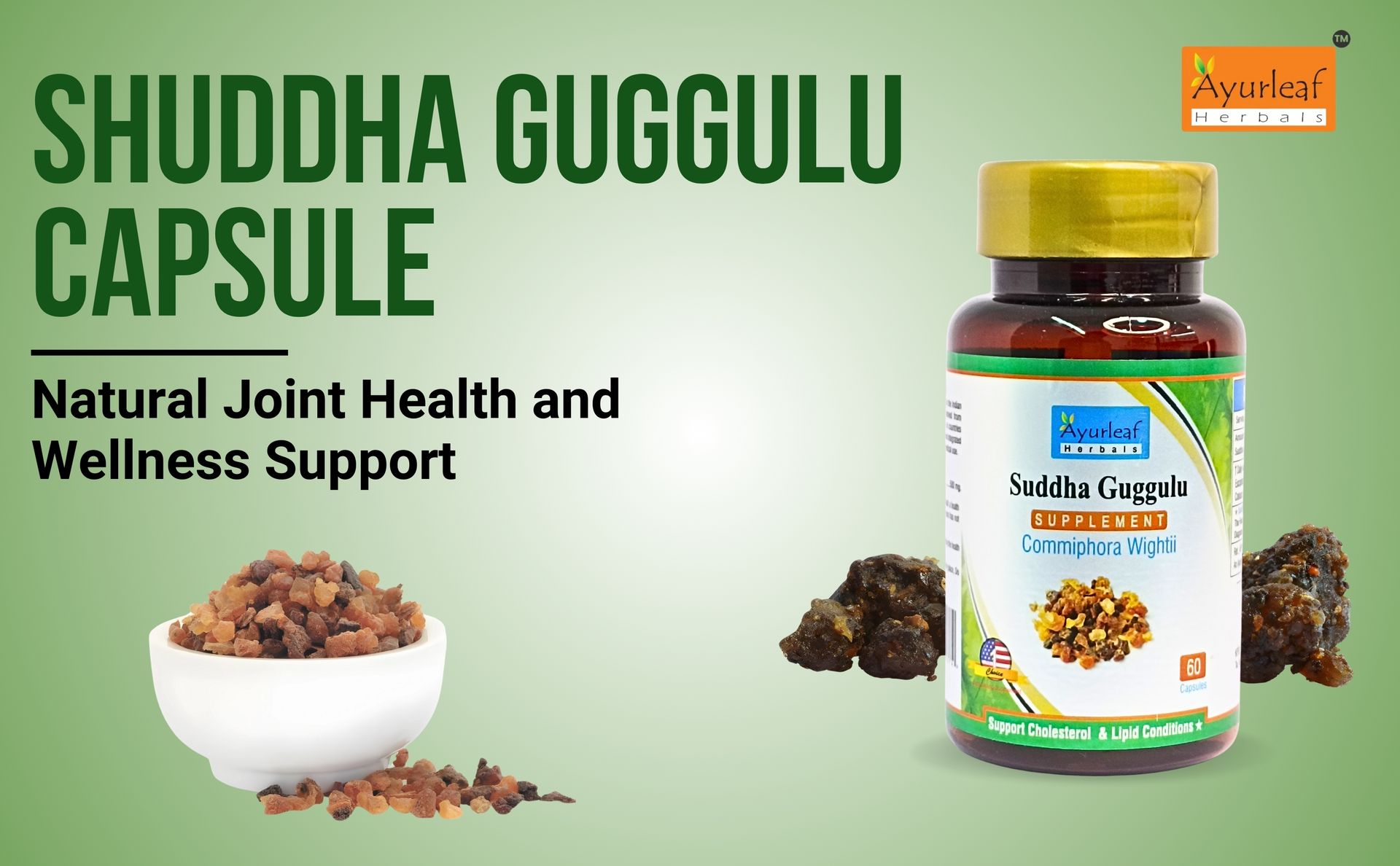 Ayurleaf Herbals Pure Ayurvedic Shuddha Guggulu Capsule | Health and Wellness Support | Weight and Cholesterol Management | Stress Relief and Immunity Booster (60 Capsules)