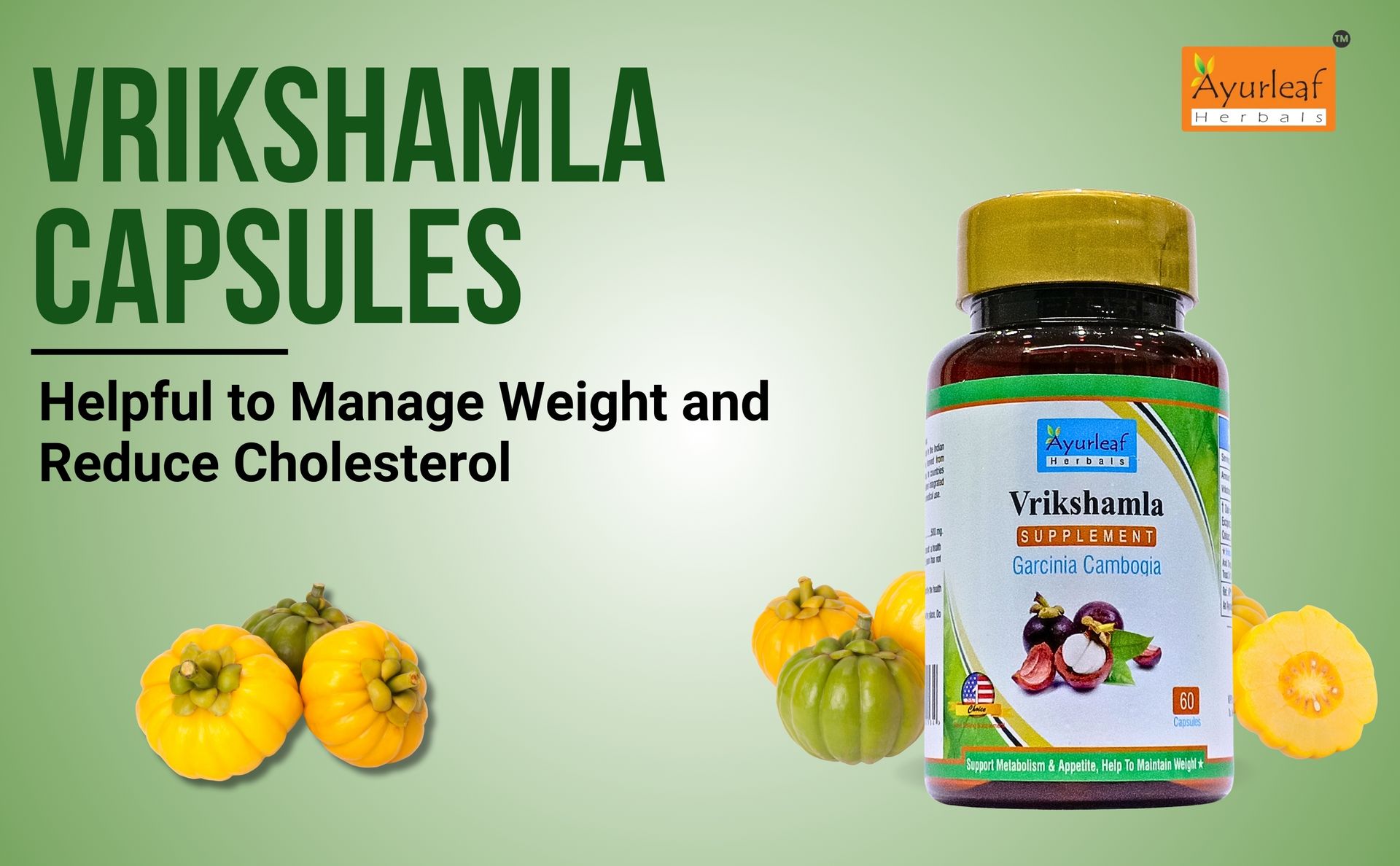 Ayurleaf Herbals Vrikshamla Capsules | Helpful to Manage Weight and Reduce Cholesterol | Improve Digestive Health and Appetite Suppression |100% Natural Herb (Pack of 2, 120 Capsules)