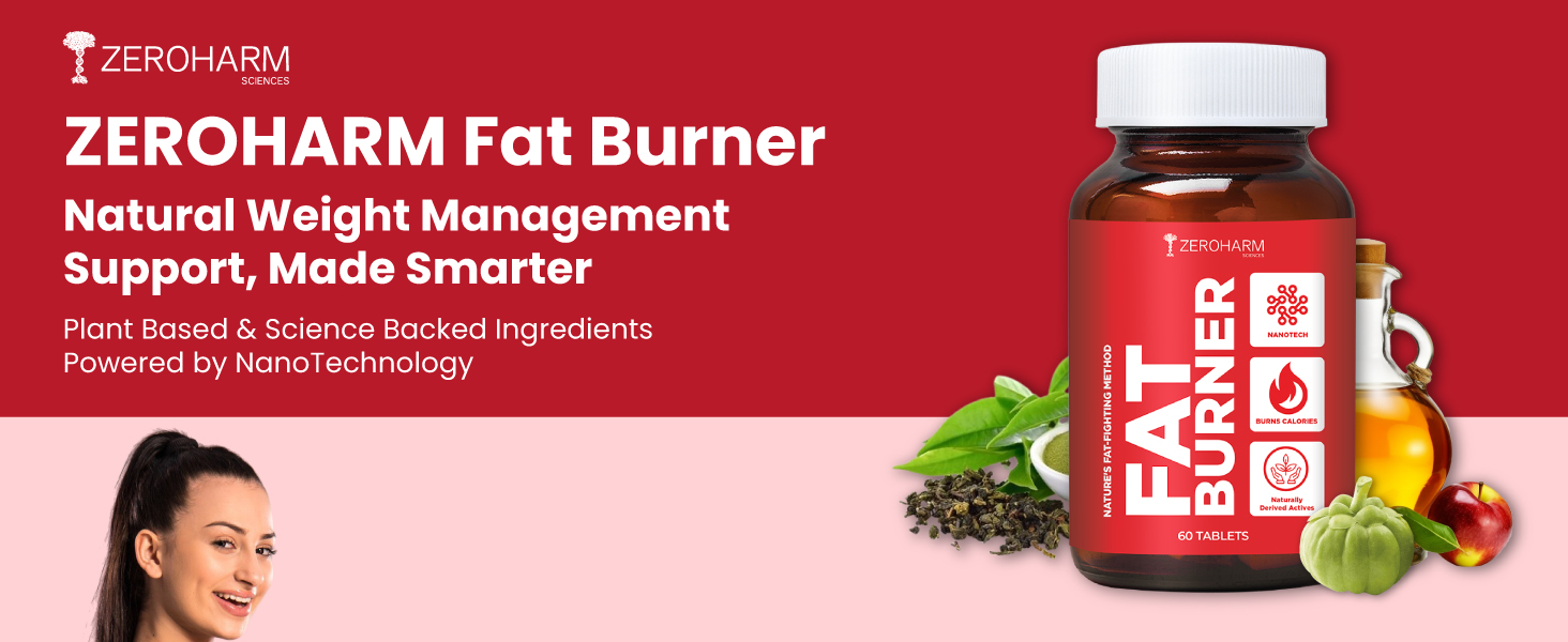 ZEROHARM Fat Burner Tablets | Garcinia Cambogia, Green Coffee, Green Tea, Apple Cider Vinegar | Boosts Metabolism & Controls Cravings | Weight Management Supplements for Men & Women | 180 Veg Tablets