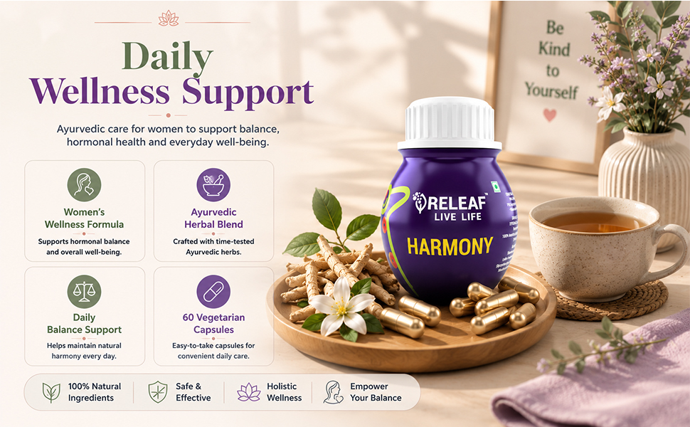 RELEAF Harmony Women's Hormonal Balance Supplement (500mg 60 Veg Capsules- Advanced botonical actives of Shatavari & Vitex Agnus Castus for Menstrual Wellness & PMS Relief