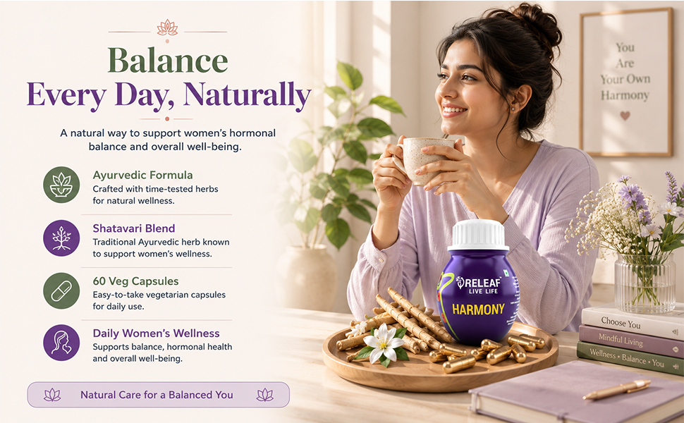 RELEAF Harmony Women's Hormonal Balance Supplement (500mg 60 Veg Capsules- Advanced botonical actives of Shatavari & Vitex Agnus Castus for Menstrual Wellness & PMS Relief