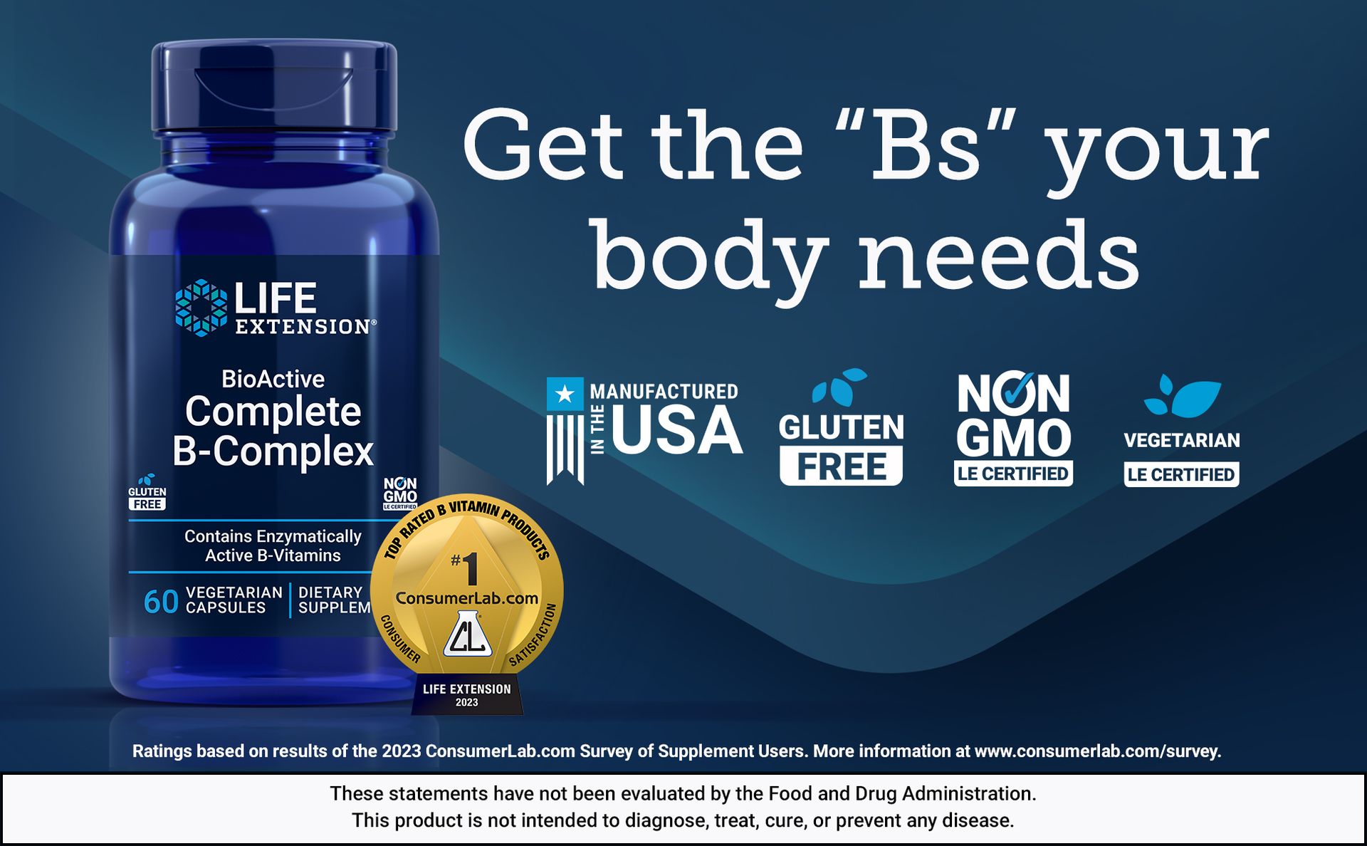 Life Extension BioActive Complete B-Complex, 60 Vegetarian Capsules