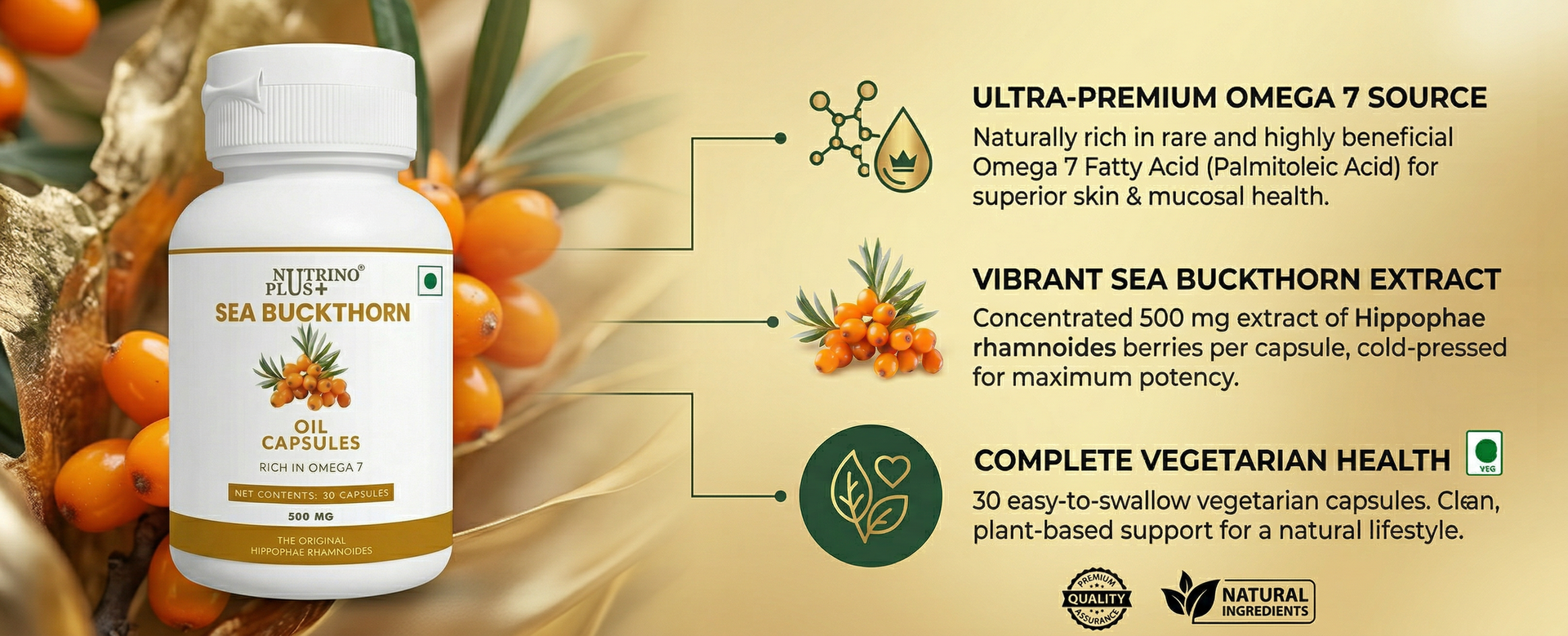 Sea Buckthorn Oil Capsules 500mg | Relieves Dry Eyes, Dry Skin & Gut Inflammation | Omega 7 Palmitoleic Acid | Hippophae Rhamnoides Extract | Antioxidant Dietary Supplement | 30 Softgels