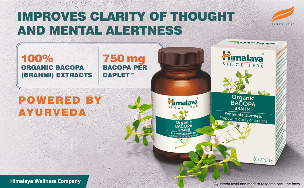 Himalaya Organic Bacopa (Brahmi) I For Mental Alertness I Improves Memory Score by 30%* I Supports Positive Mood I 100% Natural I 30 Veg Caplets,1 Count