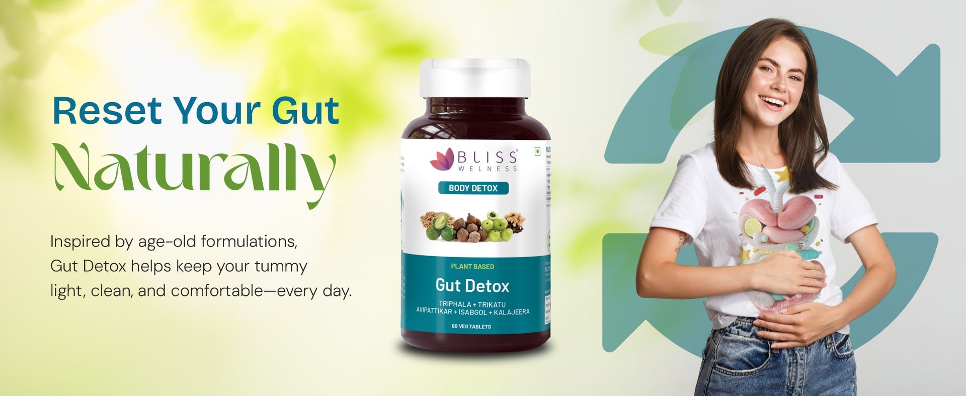 Bliss Welness Gut Detox | Trikatu, Isabgol, Triphala, Avipattikar, Kalajeera | Supports Digestion, Metabolism, Toxin Removal, Acidity & Gas Control for a Healthy Gut Cleanse – 60 Veg Tablets
