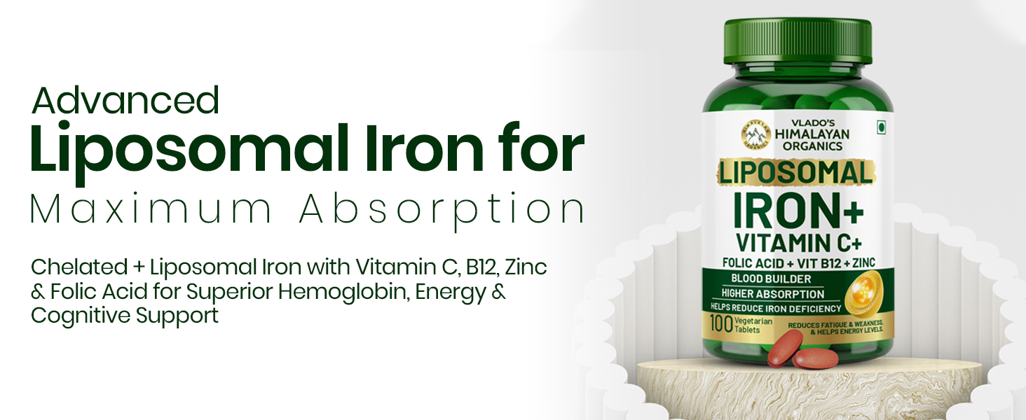 Vlado's Himalayan Organics Chelated iron supplement for women with Vitamin C,B12,Zinc & Folic Acid | Boost Hemoglobin Levels | Improves Concentration Level,Energy & Blood Building-100 Veg Tablets