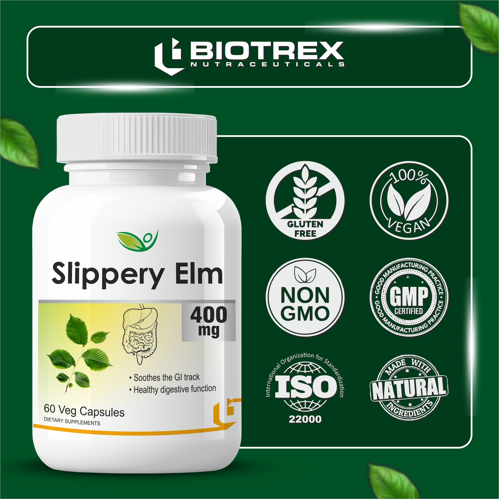 Biotrex Nutraceuticals Slippery Elm 400mg 60 Veg Capsules, Dietary supplement to strengthen Immune System, nutritional supplement, multivitamins, vitamin for men, women and adults, health supplements