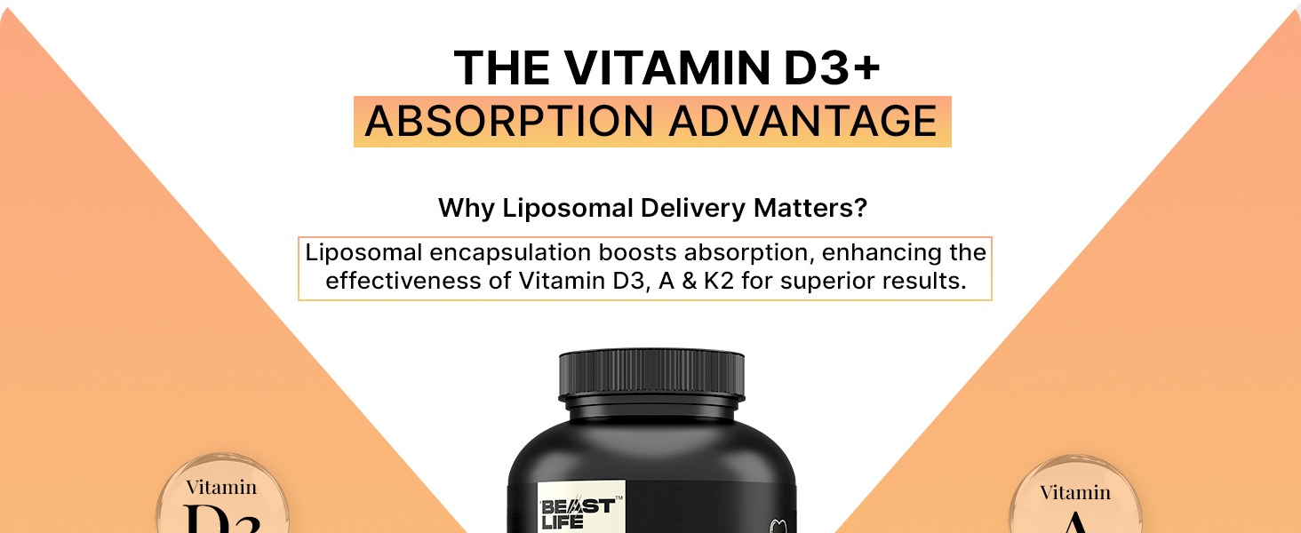 BeastLife Liposomal Vitamin D3 Plus with Vitamin A & Vitamin K2 | for Immune Support, Bone Health & Absorption | Skin Support | Calcium Utilization & Arterial Health |Max Bioavailability | 60 Capsules