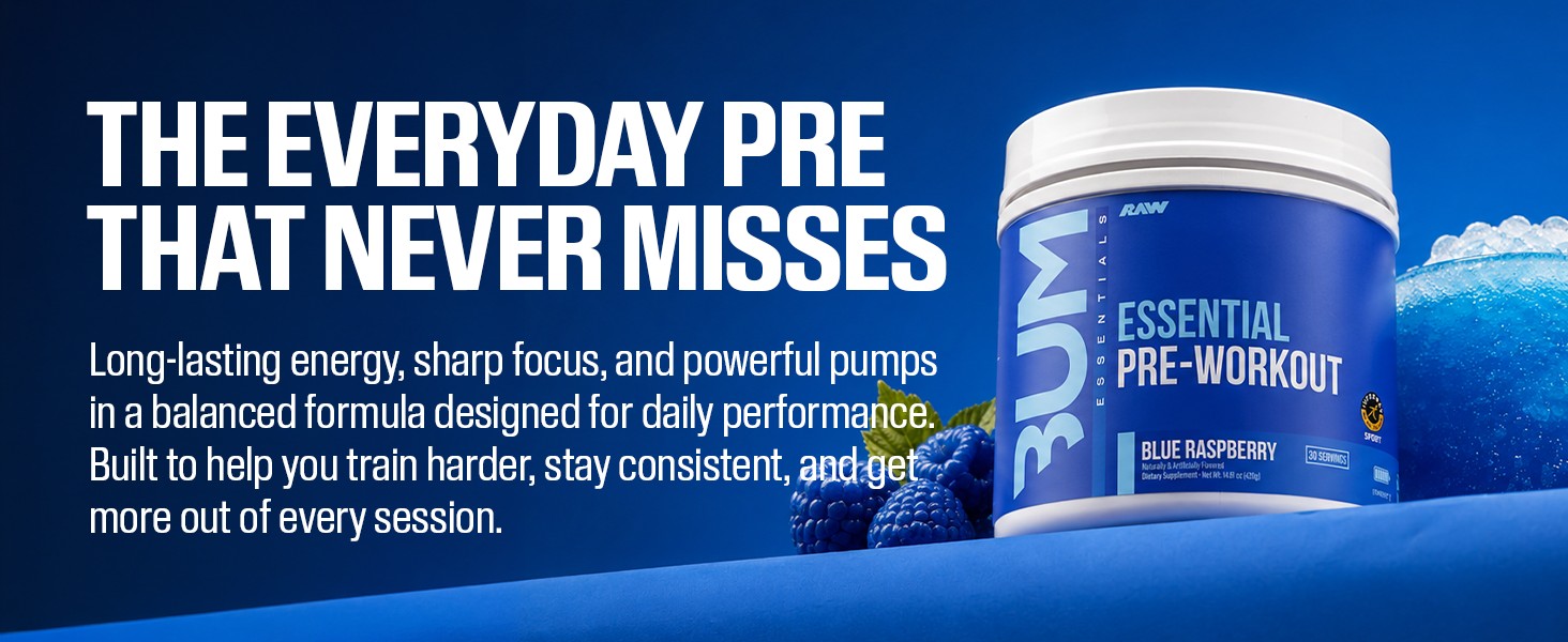 RAW Essential Pre-Workout Powder (Fruit Burst) - Chris Bumstead Sports Nutrition Supplement for Men & Women - Preworkout Energy Powder with Caffeine, L-Citrulline, L-Tyrosine, & Beta Alanine Blend