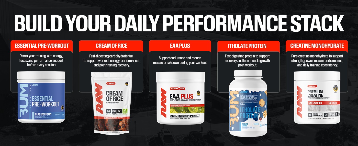 RAW Essential Pre-Workout Powder (Fruit Burst) - Chris Bumstead Sports Nutrition Supplement for Men & Women - Preworkout Energy Powder with Caffeine, L-Citrulline, L-Tyrosine, & Beta Alanine Blend