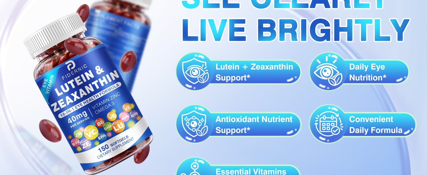 Lutein and Zeaxanthin Supplement - AREDS 2 Plus+ Eye Vitamins 40 mg Lutein & 8 mg Zeaxanthin with Vitamins C, E, Zinc, Omega-3 & CoQ10 - 150 Softgels
