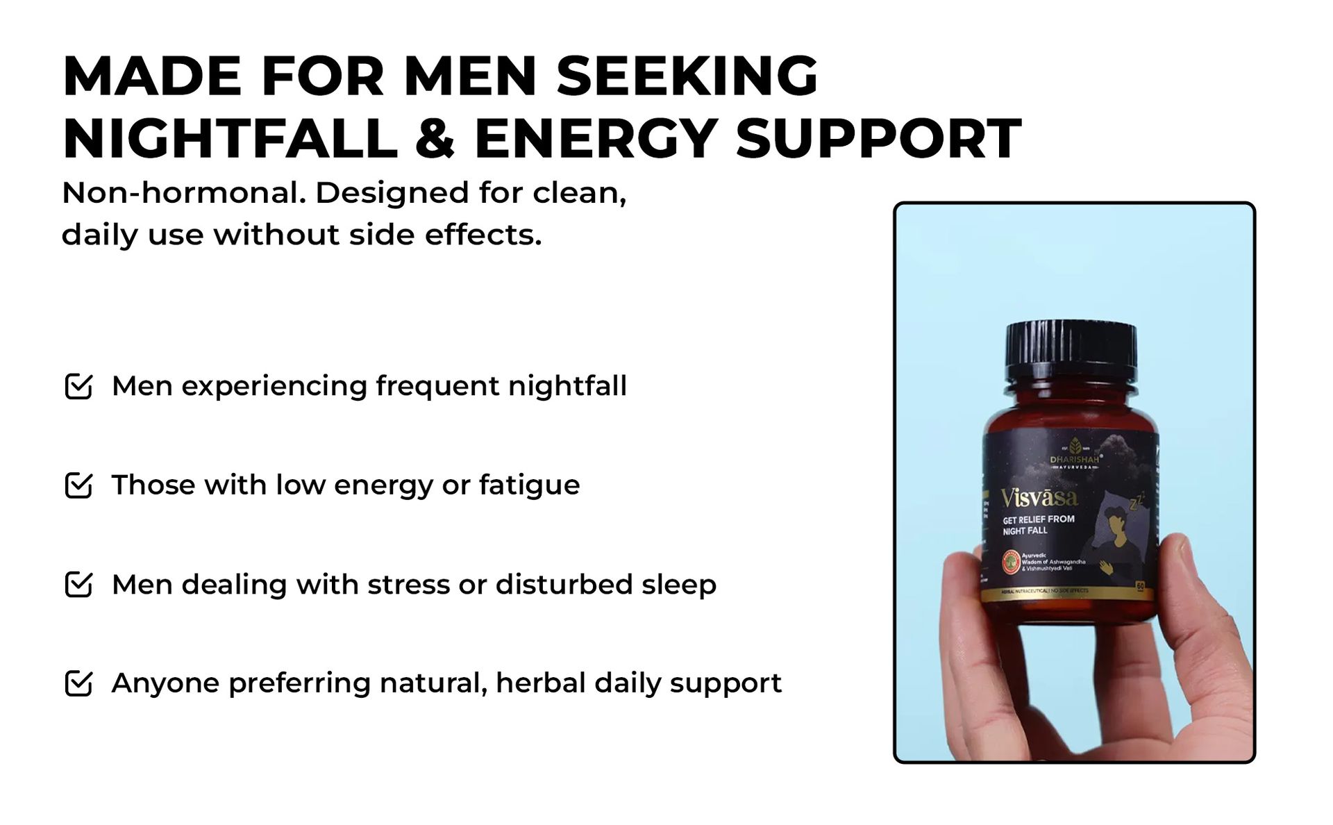 Dharishah Ayurveda Visvasa Ayurvedic Nightfall Support for Men - 180 Vegan Tablets | Plant-Based Supplement with Ashwagandha & More Herbs for Male Wellness & Vitality