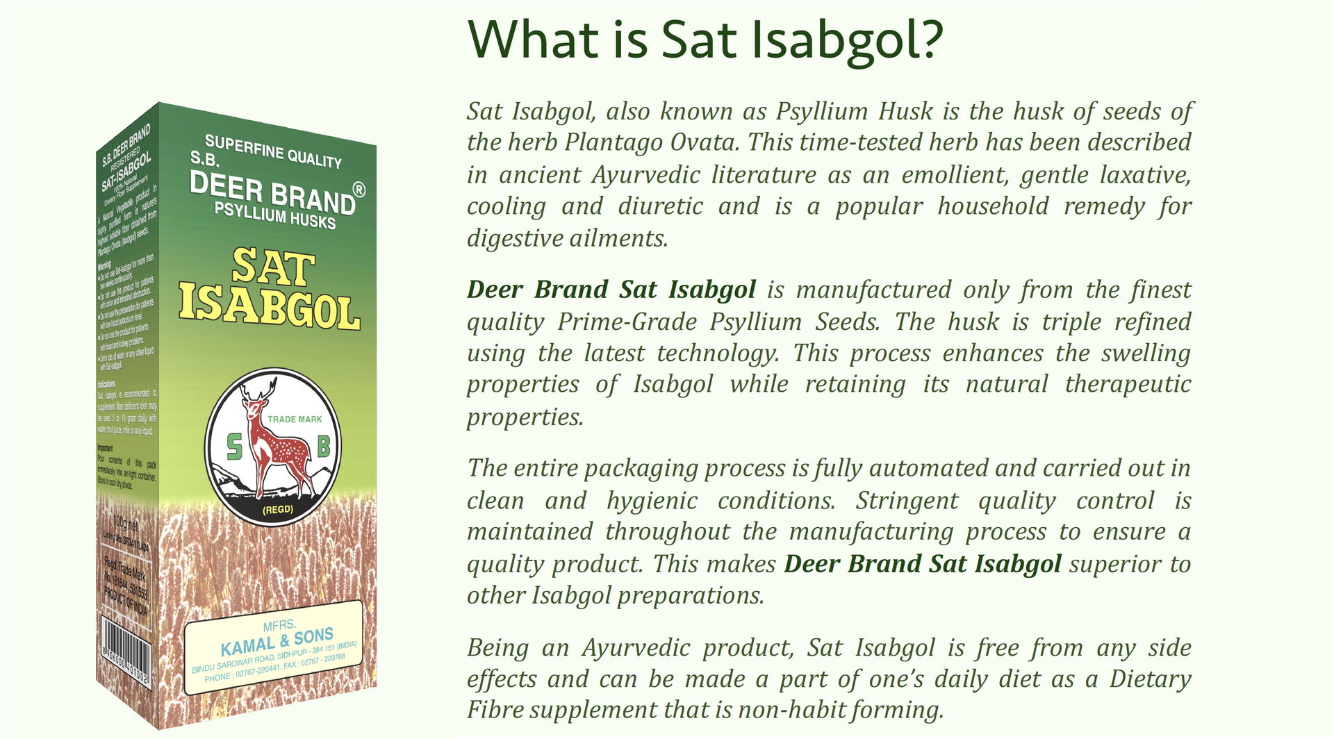 S.B. DEER BRAND Sat Isabgol Psyllium Husk HIRAN Brand 500GM (Pack of 1)