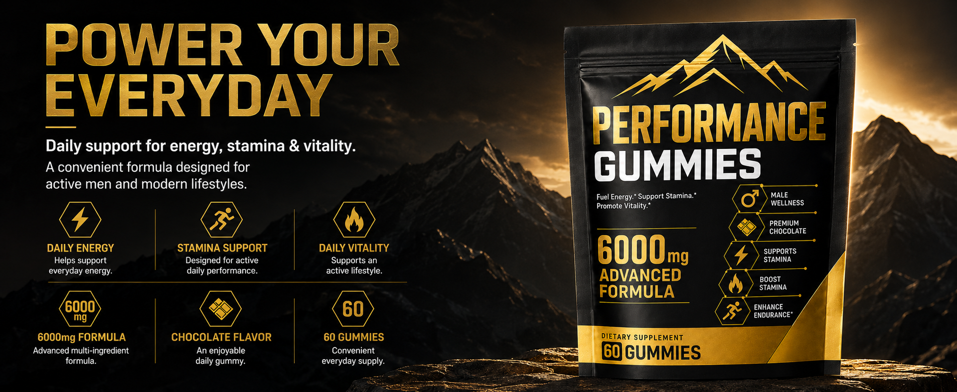 Performance Gummies, 6000mg Advanced Formula with Shilajit, Maca, Ashwagandha, Panax Ginseng, Saffron & L-Arginine, Energy, Stamina & Vitality Support, Chocolate Flavor, 60 Count