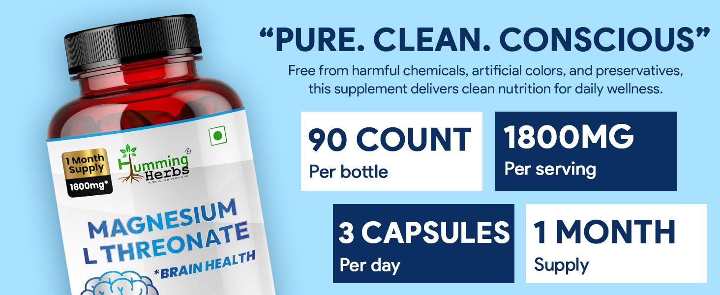 Humming Herbs Magnesium L-Threonate 1800mg – 90 Capsules | High-Absorption Magnesium Supplement for Cognitive Support | Non-GMO, Vegan-Friendly Formula
