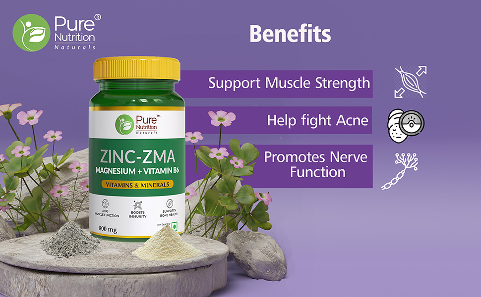 PURE NUTRITION NATURAL TREASURES Zinc ZMA Supplements for Men and Women | Zinc Magnesium Tablets for Muscle Recovery, Bone Support, Stress Relief and to Enhance Sleep Quality (120 Tablets)