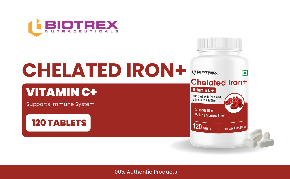 Biotrex Nutraceuticals Chelated Iron + Vitamin C, B12, Folic Acid & Zinc, Boost Hemoglobin Levels & Improves Concentration Levels, Energy & Blood Building - 120 Vegetarian Tablets