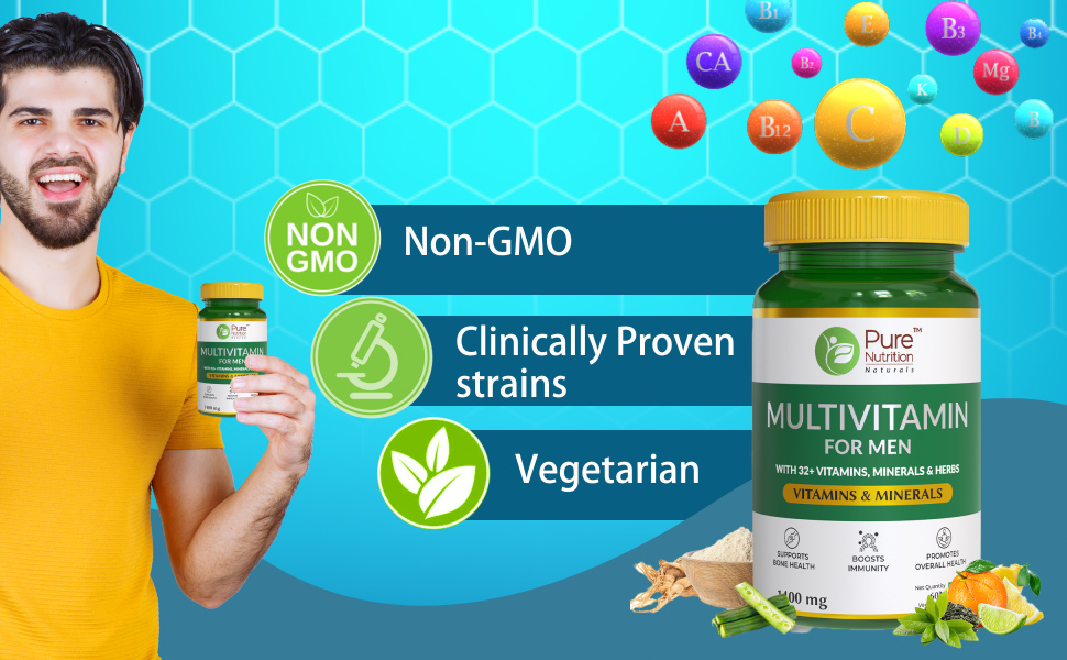 Pure Nutrition Multivitamin for Men 1400mg | 120 Veg Tablets (60x2) | Multivitamin Tablet for Men with 32+ Vitamins, Minerals & Herbs | Biotin, Ginseng, Moringa & Green Tea | Supports Immunity, Energy & Bone Health