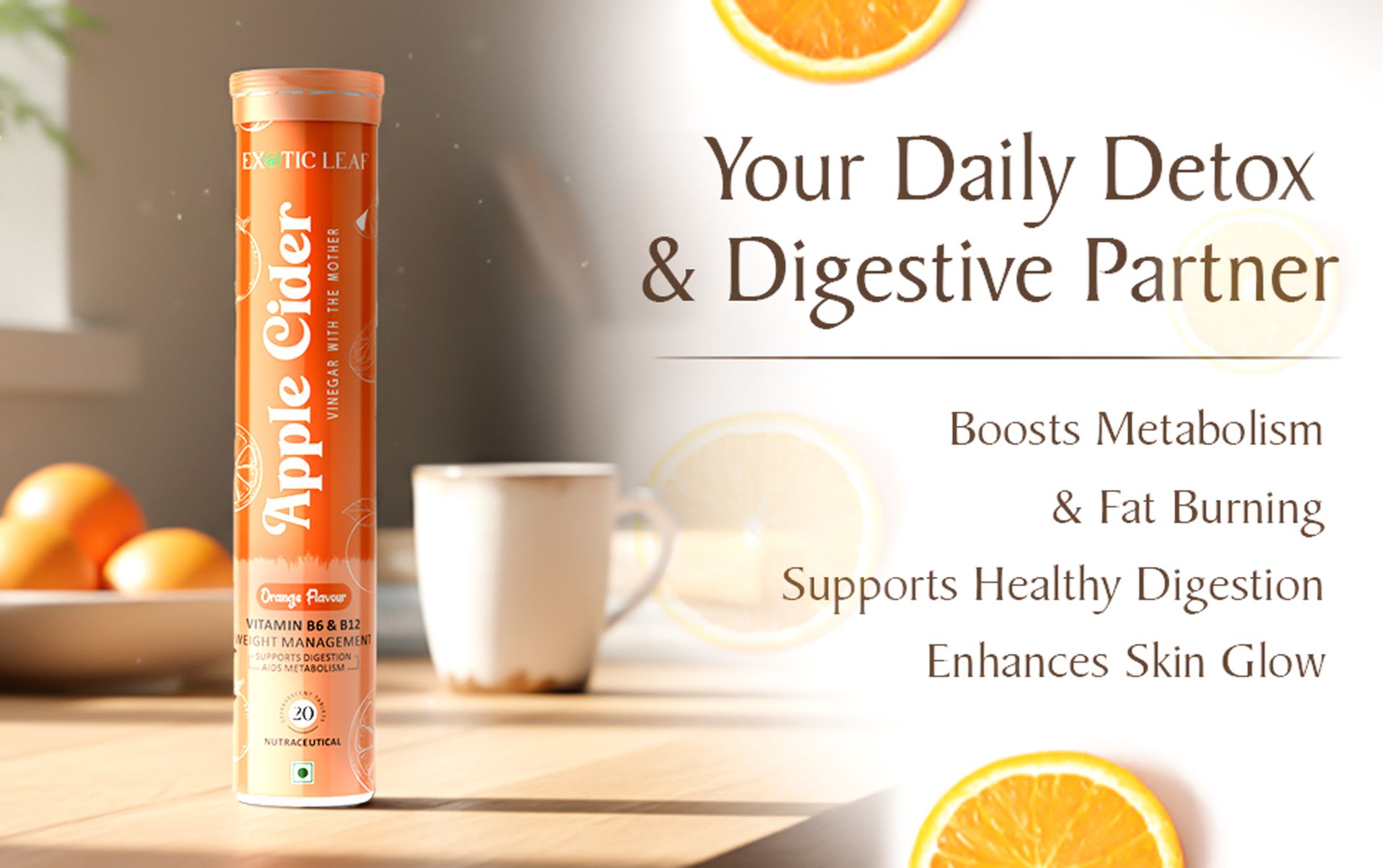 Apple Cider Vinegar Effervescent Tablets Orange Flavour | With the Mother | Supports Digestion, Detox, Metabolism & Weight Management | 20 Effervescent Tablets Pack