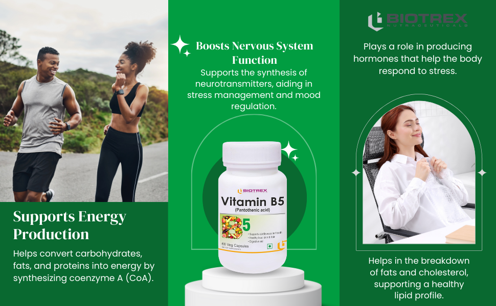 Biotrex Nutraceuticals Vitamin B5 (Pantothenic acid) Supplement | Daily 100% RDA | Energy & Metabolism | Nerve Health | Healthy Cholesterol Levels | Hair, Skin & Nails | Lab Tested | 60 Veg Capsules