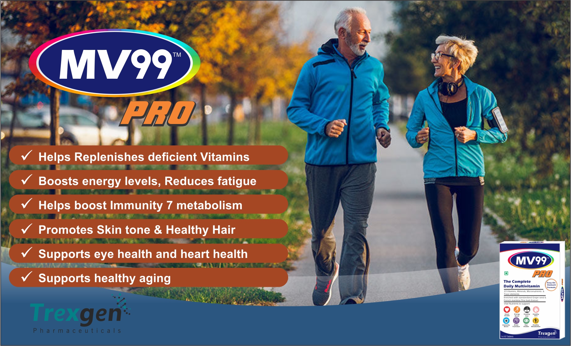 Trexgen® MV99™-PRO The Complete Daily Multivitamin with A,D,E,K,B-Complex, C, Multiminerals Micronutrients & Trace elements with Grape Seed & Pomegranate extract (3x10 = 30 Tabs)