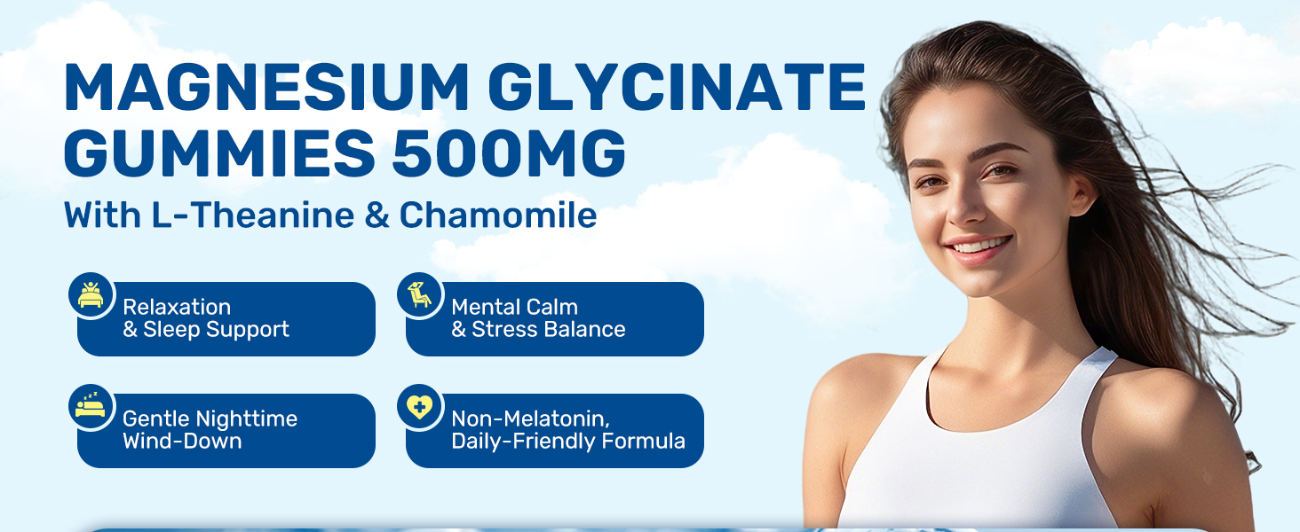 Magnesium Glycinate Gummies 500mg with L-Theanine & Chamomile for Calm, Sleep, Stress Relief, Sugar Free, Vegan, Non-GMO - Strawberry Flavor, 60 Count
