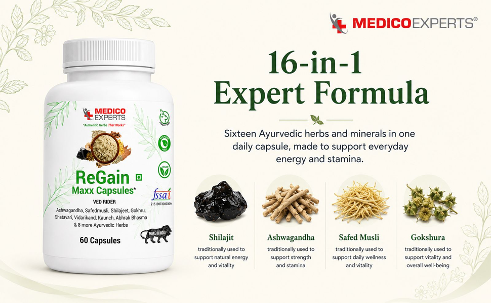 ReGain Maxx Capsules - Shilajit Ashwagandha Safed Musli Gokshura - 16 Ayurvedic Herbs, FSSAI Licensed, Heavy Metal Tested, Supports Energy & Stamina - 60 Capsules (15 Days)
