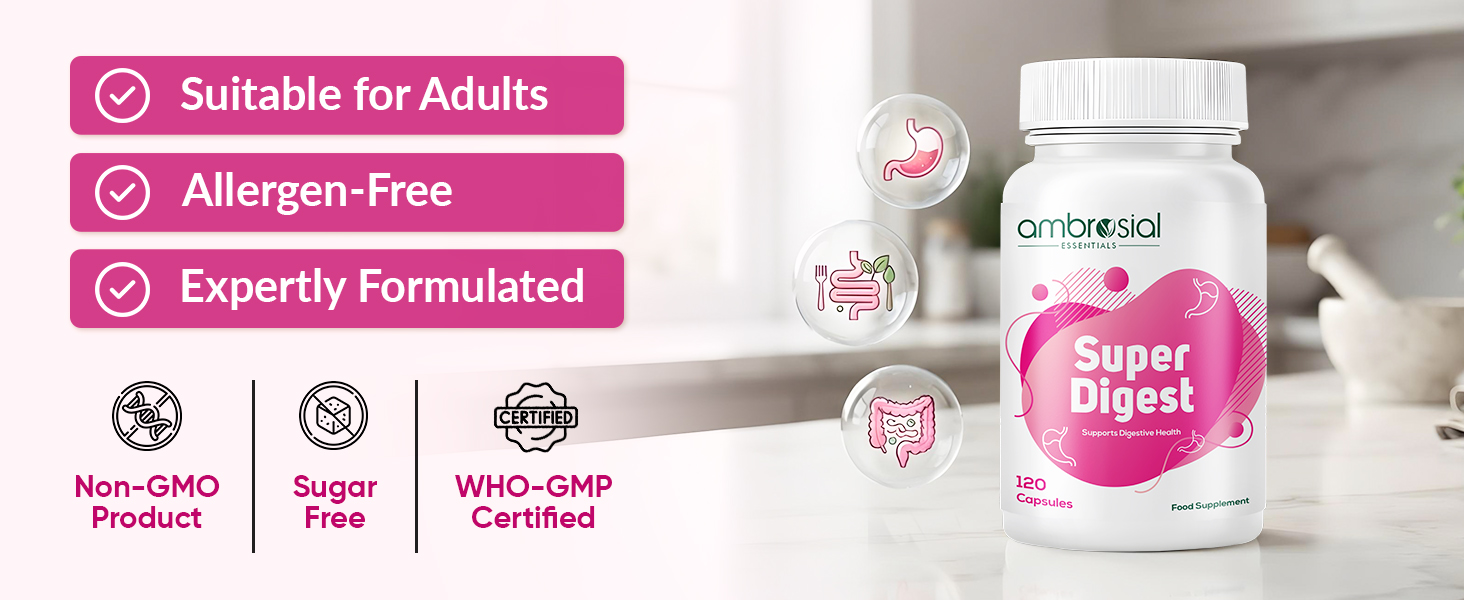 Ambrosial Super Digest with Betaine hcl Pepsin, Ox-Bile, Pancreatin & L-Glutamic Acid | Digestive Enzyme Supplements to Support Optimal Digestion & Gut Health (Pack of 1-120 Capsules)
