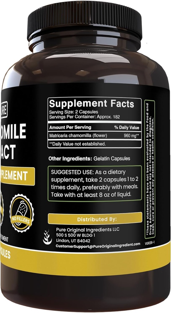 Pure Original Ingredients Chamomile Extract, (100 Capsules) Always Pure, No Additives Or Fillers, Lab Verified 3