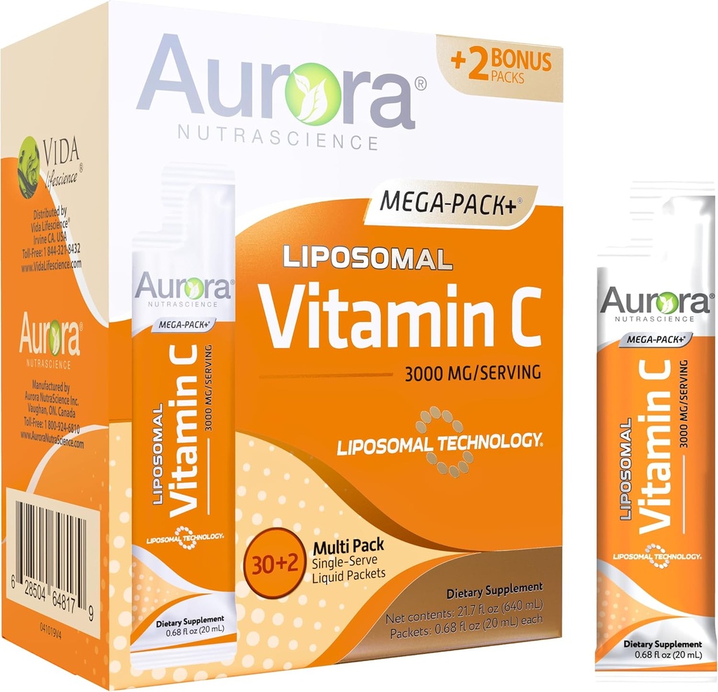 Vida Lifescience Aurora Nutrascience Mega Liposomal Glutathione, 750 mg, and Vitamin C, 3,000 mg, Immune Support and Antioxidant Bundle 4