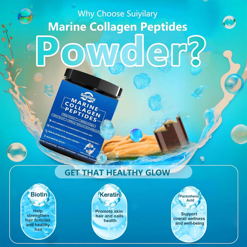 Collagen Peptides Powder for Women, Multi Marine Hydrolyzed for Healthy Hair, Skin, Nails with Hyaluronic Acid, Biotin, Vitamin C, 30 Servings (10.6 OZ, Strawberry) 6