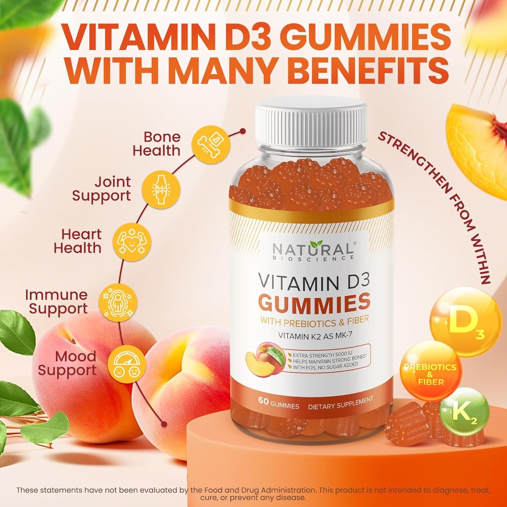 Natural BioScience Sugar Free Vitamin D3 K2 Gummies 5000 IU & Iron Gummies with Vitamin C, Extra Strength, Immune Support, Bone Health, Heart Health, Energy Support, 60 Gummy Vitamins 3