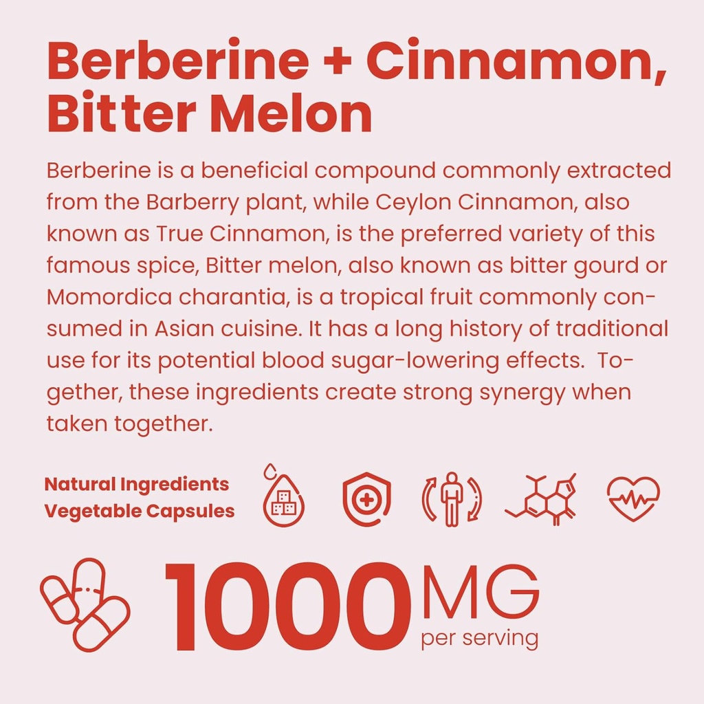 Berberine Supplement 1000mg with Ceylon Cinnamon, Bitter Melon, 3 in 1 Triple Action Formula Berberine HCL Supplements, for Immune, Cardiovascular, Gastrointestinal, 120 Veggie Capsules, Made in USA 6