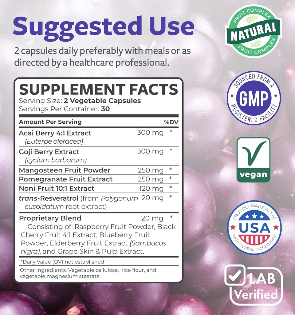 Super Antioxidants Supplement for Women & Men - High Potency Herbal & Fruit Blend with Acai, Goji, Pomegranate, Elderberry & Resveratrol for Skin Care & Immune Support - Vegan & Non-GMO - 120 Capsules 5