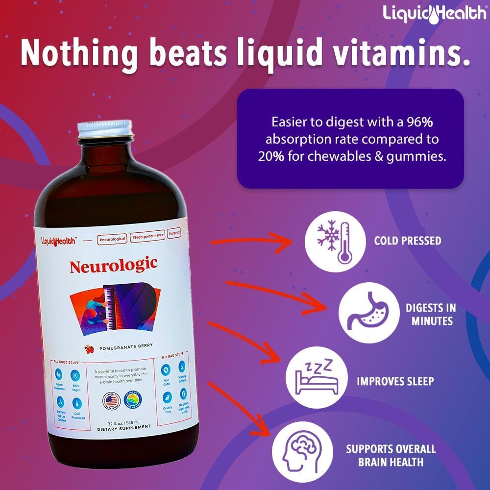 LIQUIDHEALTH Calcium and Magnesium & Neurologic Nootropic Liquid Vitamin Supplements Bundle for Adults - Support Bone & Tissue Health, Improve Memory, Focus & Concentration - Vegan, Non-GMO, USA Made 6