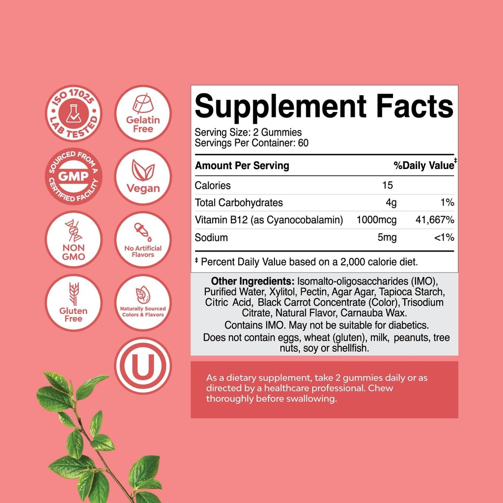 Vitamin B12 Gummies for Adults - Sugar Free Vitamin B12 1000 mcg Chewable Gums for Energy & Mood Support Immune & Nerves Health - Kosher Non-GMO & Gluten Free Supplement for Women & Men - 120 Count 4
