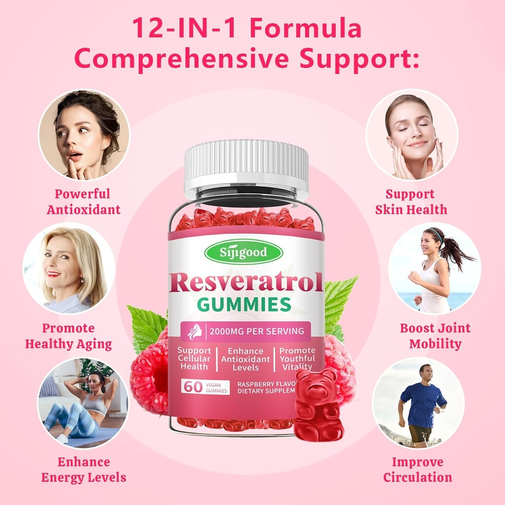 2000mg Organic Resveratrol Gummies for Women - Sugar Free Resveratrol-Nutritional-Supplements for Antioxidant Support, Cellular Health, Immunity, Brain & Energy, Raspberry Flavor, 60 Count 4