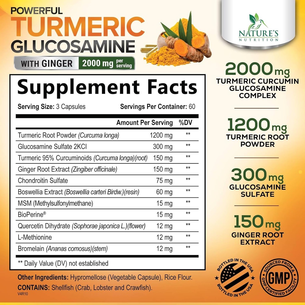 Turmeric Curcumin Supplement 2000mg - 95% Curcuminoids with Glucosamine, Ginger & MSM, BioPerine Black Pepper for Best Absorption, Nature's Vegan Joint Support, Non-GMO, Bottled in USA - 180 Capsules 3