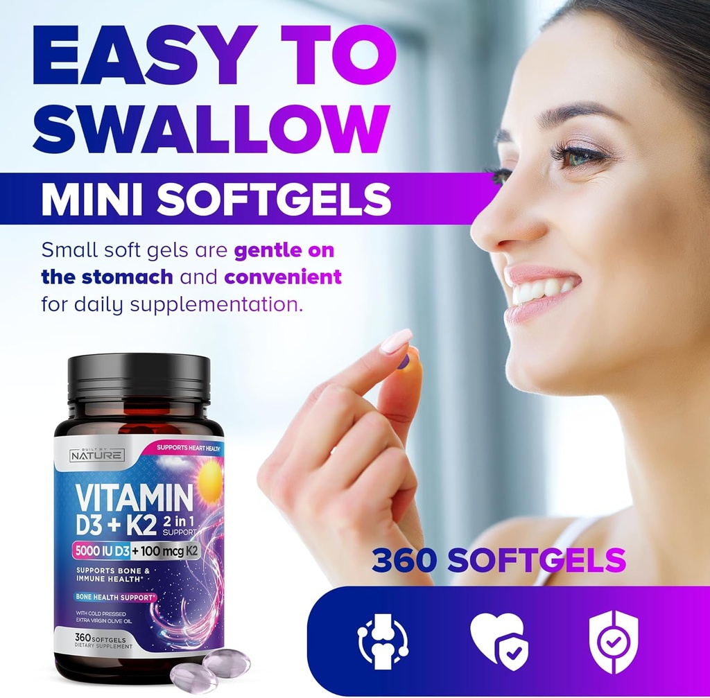 Built by Nature Vitamin D3 K2 with Cold Pressed Extra Virgin Olive Oil – 5000 IU Vitamin D, 100mcg Vitamin K MK-7 Supplement – Easy to Swallow Mini Soft Gels - 1 Year Supply - 360 Softgels 6