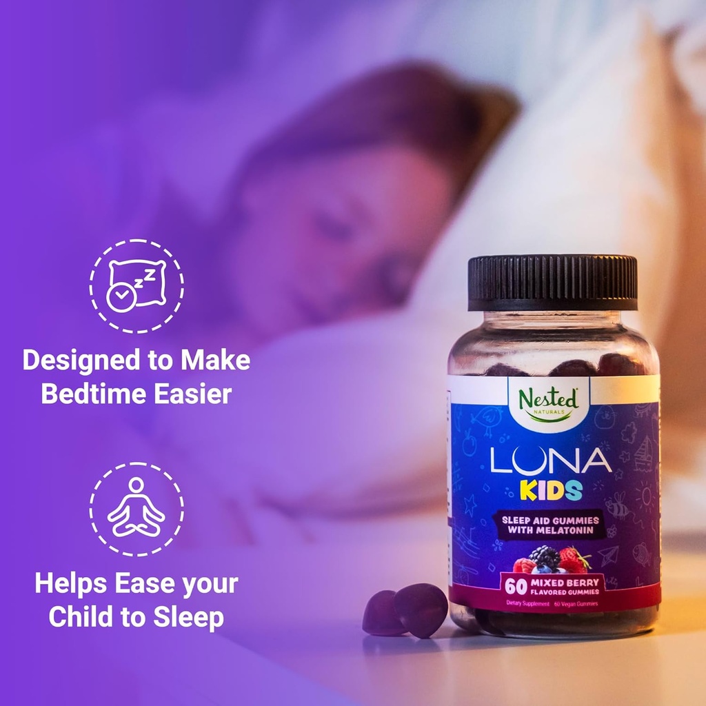 Nested Naturals Luna Kids Sleep Gummies - Non-Habit Forming Kids Melatonin Gummy with Valerian Root, Chamomile, and Lemon Balm - Children's Melatonin Sleep Aid - Mixed Berry, 60 Vegan Gummies 6