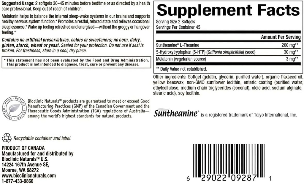Bioclinic Naturals, Somno-Pro 90 gels with Melatonin, 5HTP, and L-Theanine 3
