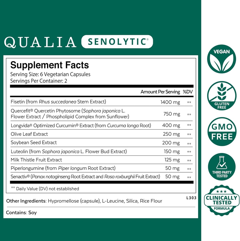 Qualia Senolytic Supplement, Fisetin, Quercetin, Piperlongumine & More, Aging Supplement That Supports Optimal Cell Repair & Rejuvenation, Naturally Eliminate Zombie Cells, Capsules, 2 Box 3