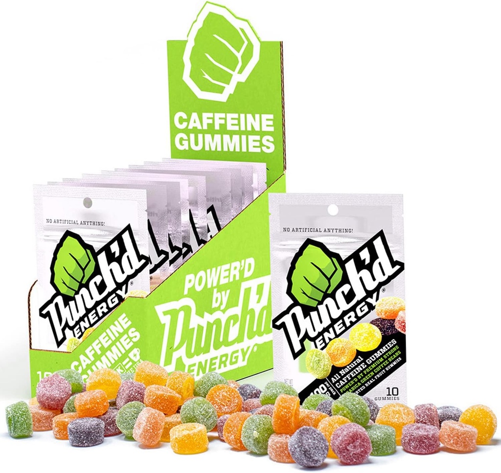 Punch'd Energy, All Natural Caffeine Gummies, 10 Gummies = 100mg of Caffeine per Pack (Box of 10) Clean Label, Green Coffee Energy Chews, Ultra Low Glycemic, Low Calorie, Vitamin C 3