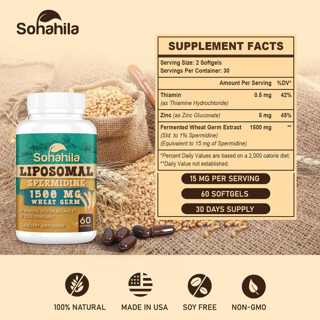 Spermidine Supplement 15 MG - 99% Purity, High Absorption, 1500 MG Fermented Wheat Germ Extract with Zinc & Thiamin, Spermidine for Men & Women - Cellular Renewal, Aging Defense, Energy, 180 Softgels 3