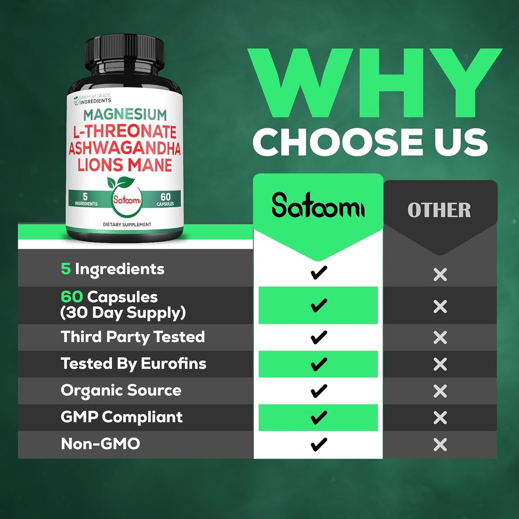 Satoomi 5in1 Magnesium L-Threonate with Mangesium Glycinate, Ashwagandha, Chelate & Lions Mane - 60 Capsules 5