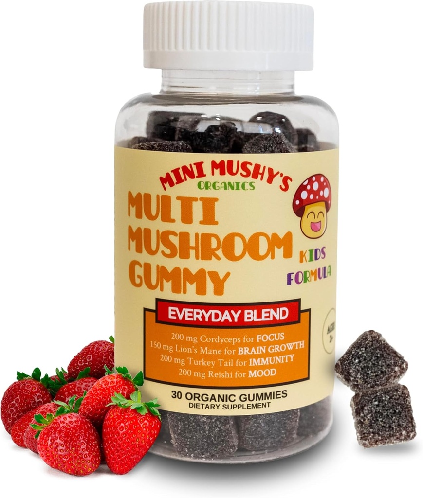 Mini Mushy's Organic Everyday Support Gummies | Turkey Tail, Reishi, Lions Mane, Cordyceps Mushrooms | for Kids Aged 2+ Natural Color, Allergy Friendly, Low Sugar | Strawberry Flavor - 30 Count 2